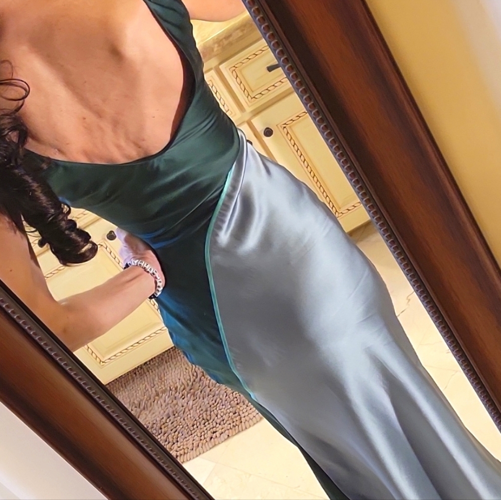 Lattelier 100% Silk Green/Gray  Sheath Midi Dress for Night Out w/ Front Slit, S - Picture 14 of 16